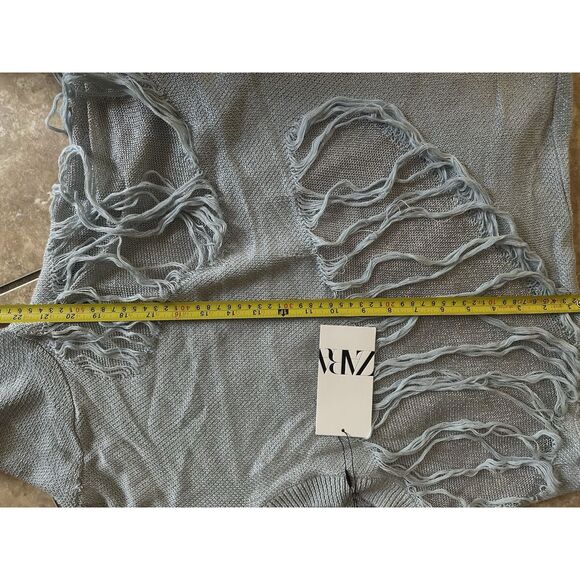 NWT Zara M Distressed Metallic Accent Fringe Pullover Sweater Cotton Blend - Picture 7 of 8